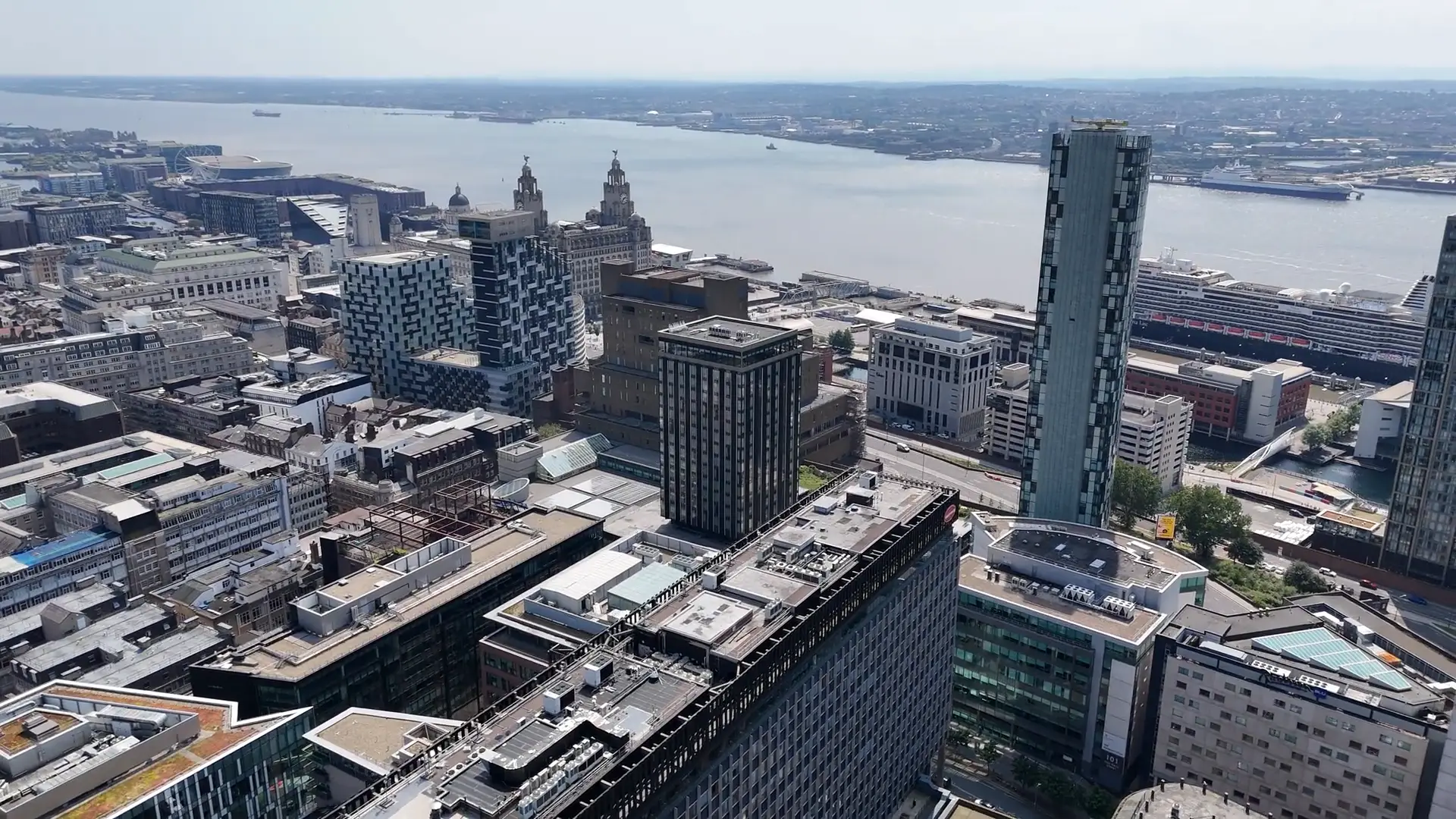 Liverpool's waterfront and the River Mersey from the air